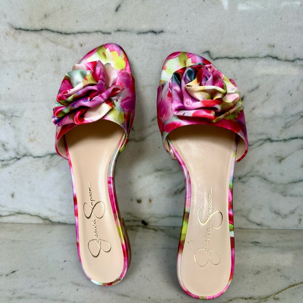 Jessica Simpson Floral Rosette Slide Sandals Pink Satin Mule Flats Size 8 - Picture 4 of 7